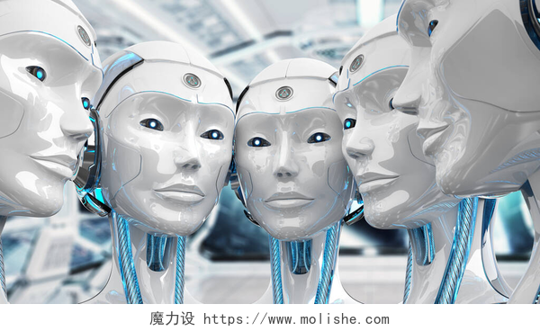五个女智能机器人一组女性机器人彼此头靠得很近机器人军团概念3D渲染